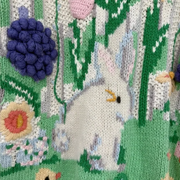 Vintage Crochet Storytelling Spring Bunny Chicks Cardigan Size L Eagle Eye 1995 - Picture 12 of 16